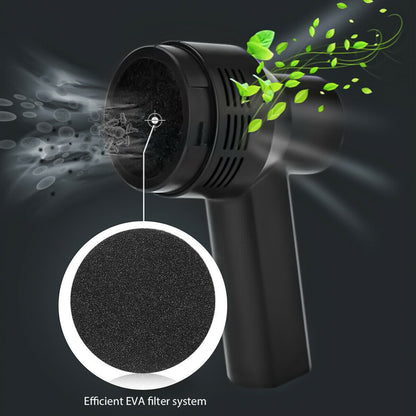 Black handheld vacuum cleaner with EVA filter system on a dark background